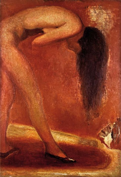 Lily Salvo, Donna in paesaggio rosso, 1997, olio su tela, cm 135x93.