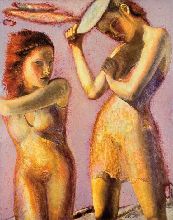 Lily Salvo, L'ospite inaspettato, 1998, olio su tela, cm 120x95.
