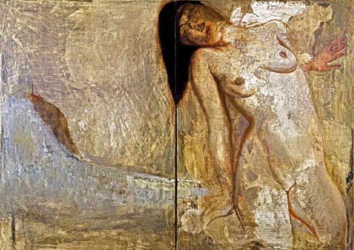 Lily Salvo, La envoltura fragil, 1995, olio su tela (dittico), cm 100x140.