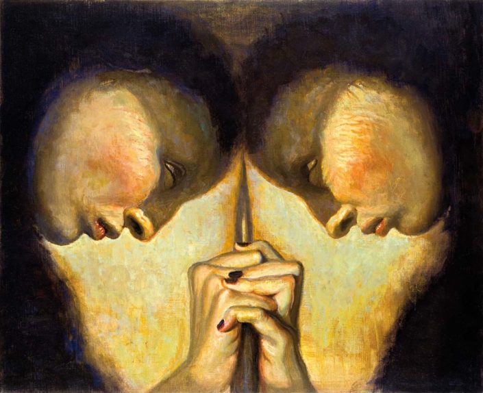 Lily Salvo, Testa a testa, 2002, olio su tela, cm 46x55.